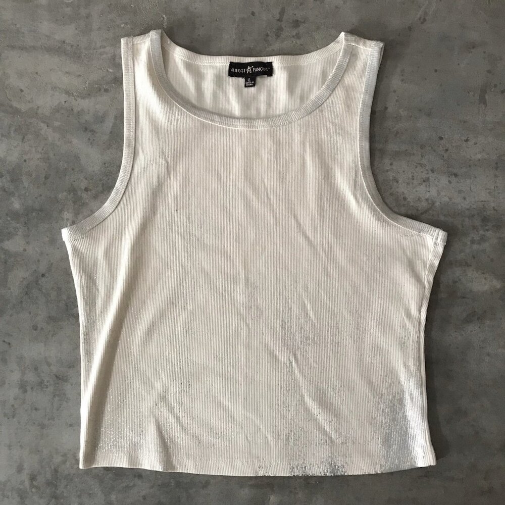 Y2K Almost Famous Top Large Cami Cream Metallic Silver Splatter Rave Going Out - Picture 1 of 14